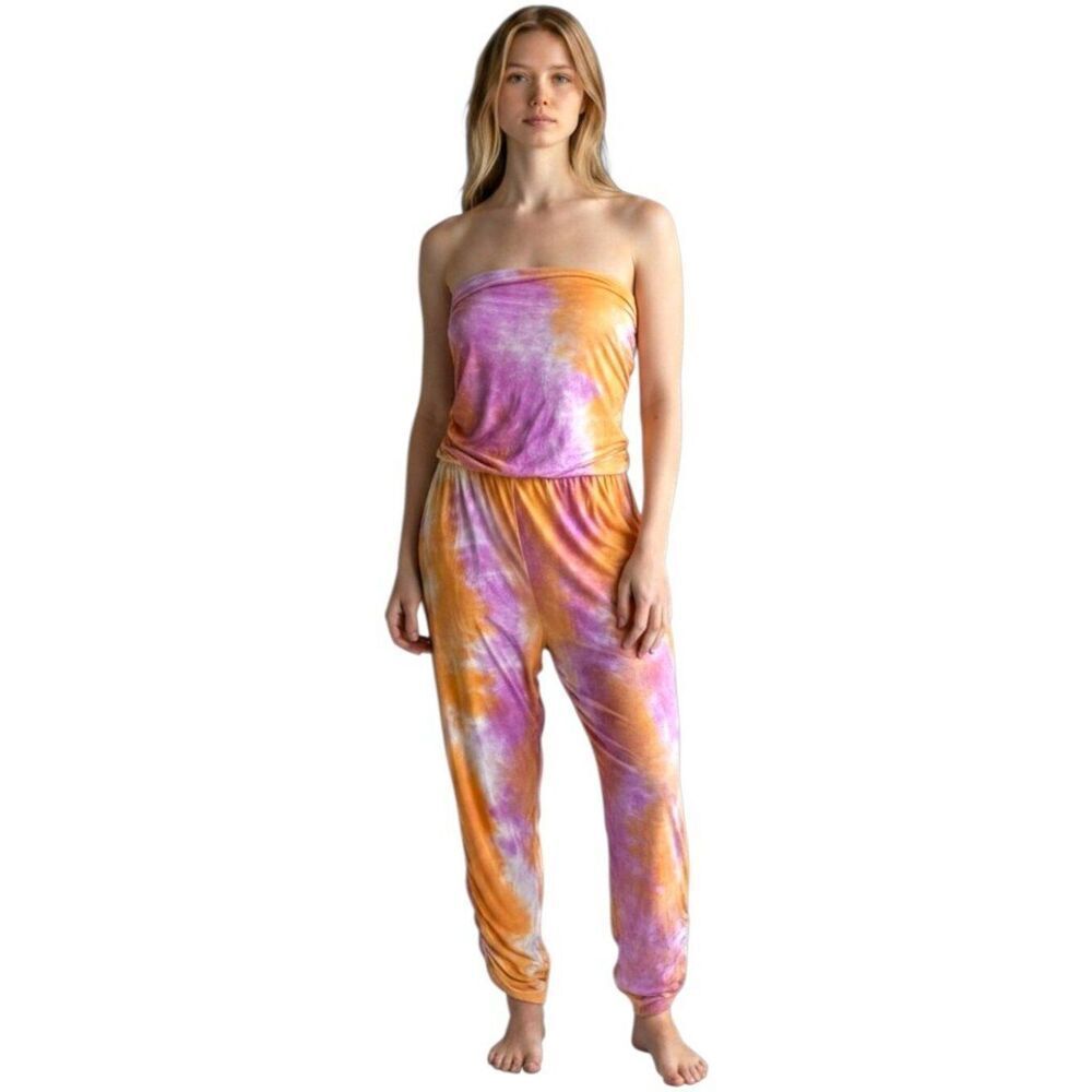 Heart and Hips Tie Dye Strapless Jumpsuit 1X Orange Purple Harem Plus Size